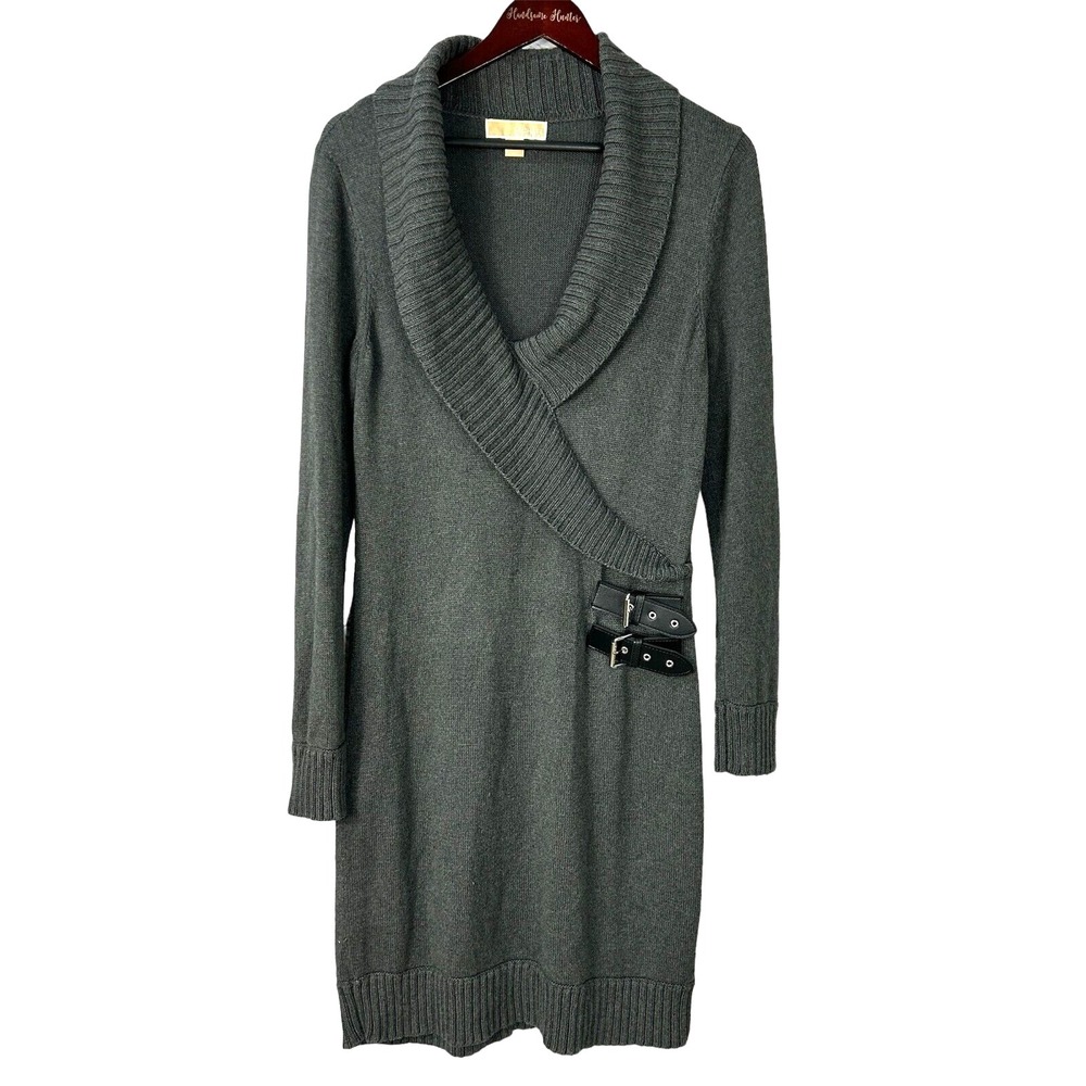 Michael Kors Women Sz L Gray Faux Wrap Sweater Dress Buckle Cowl Neck Ribbed T4